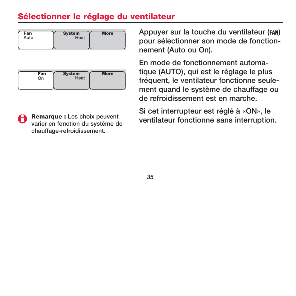 Sélectionner le réglage du ventilateur, Appuyer sur la touche du ventilateur | Honeywell FOCUSPRO TH5320R User Manual | Page 37 / 52