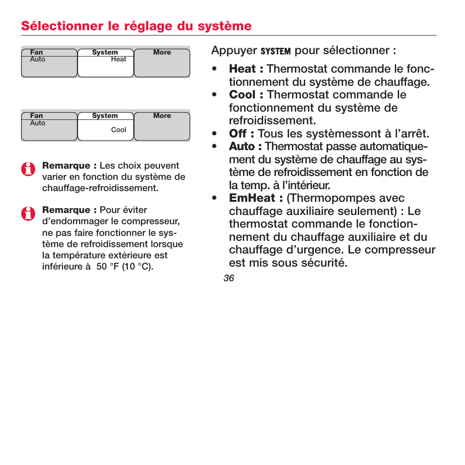 Sélectionner le réglage du système, Appuyer | Honeywell FOCUSPRO TH5320R User Manual | Page 38 / 52