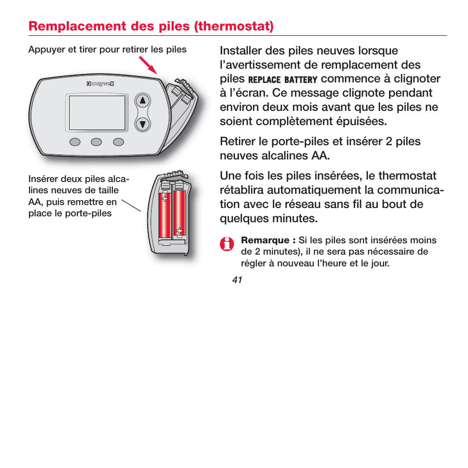 Remplacement des piles (thermostat) | Honeywell FOCUSPRO TH5320R User Manual | Page 43 / 52