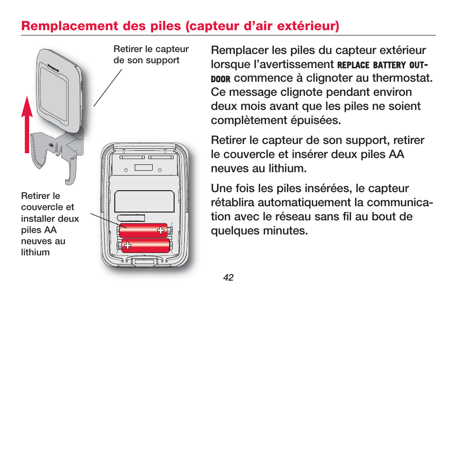 Remplacement des piles (capteur d’air extérieur) | Honeywell FOCUSPRO TH5320R User Manual | Page 44 / 52