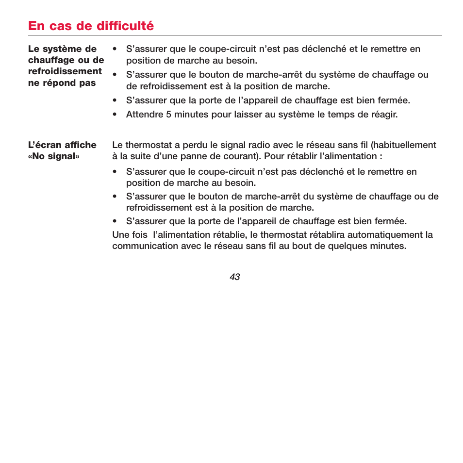 En cas de difficulté | Honeywell FOCUSPRO TH5320R User Manual | Page 45 / 52