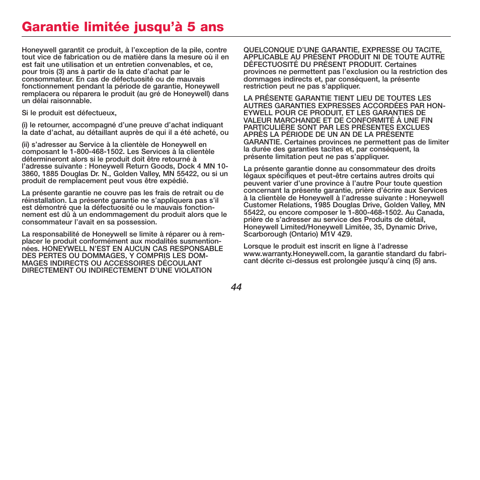 Garantie limitée jusqu’à 5 ans | Honeywell FOCUSPRO TH5320R User Manual | Page 46 / 52