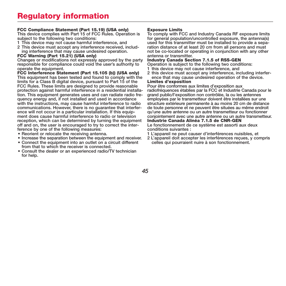 Regulatory information | Honeywell FOCUSPRO TH5320R User Manual | Page 47 / 52