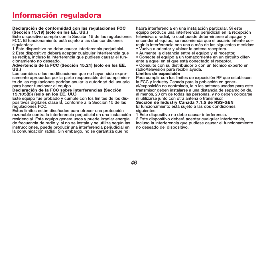 Información reguladora | Honeywell FOCUSPRO TH5320R User Manual | Page 48 / 52