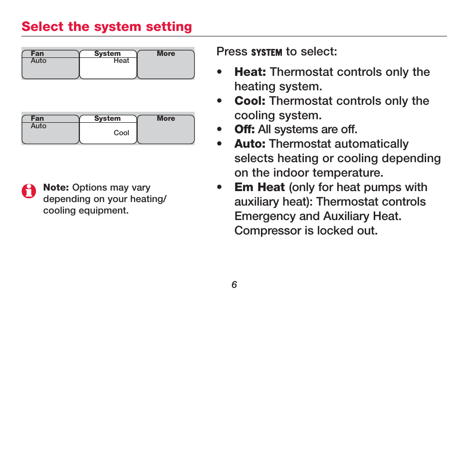 Select the system setting, Press | Honeywell FOCUSPRO TH5320R User Manual | Page 8 / 52