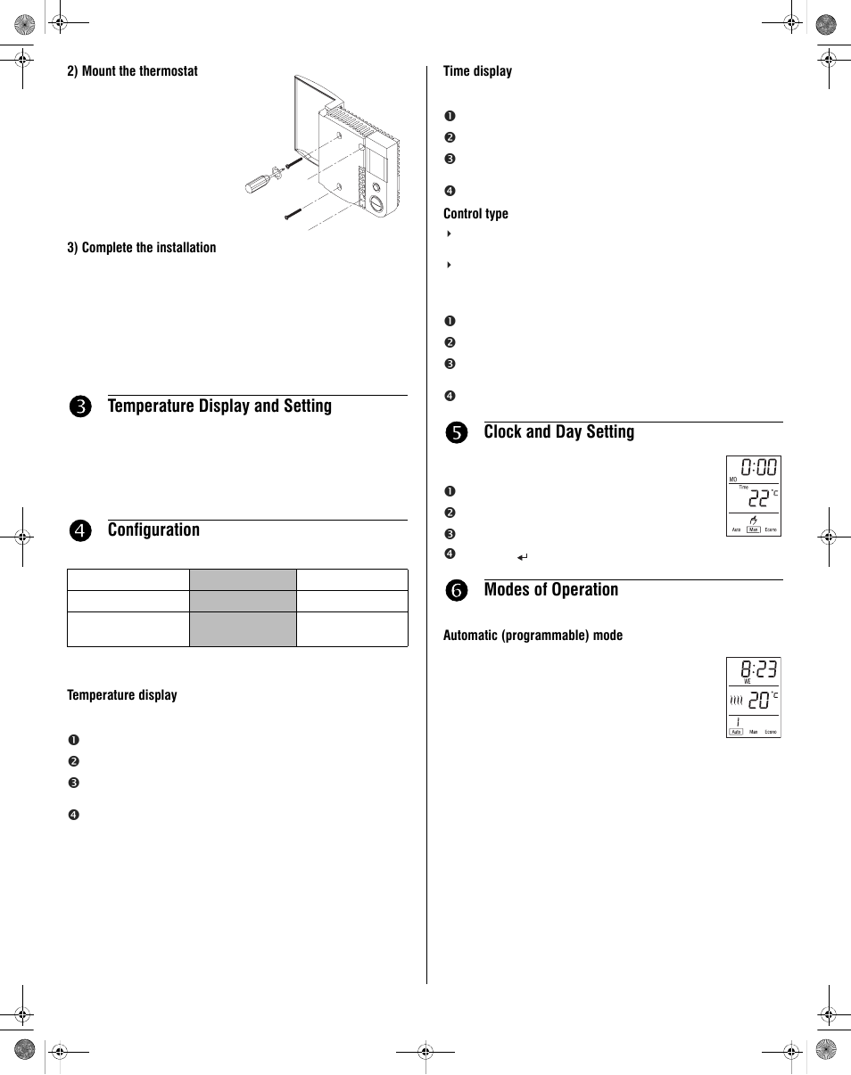 Temperature display and setting, Configuration, Clock and day setting | Modes of operation | Honeywell RLV430 User Manual | Page 2 / 4