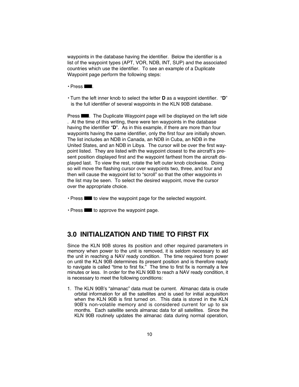 0 initialization and time to first fix | BendixKing KLN 90B User Manual | Page 14 / 57