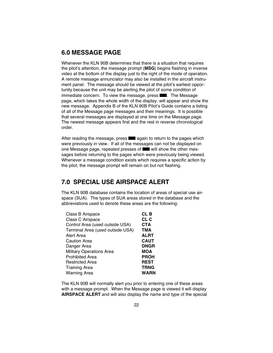 0 message page, 0 special use airspace alert | BendixKing KLN 90B User Manual | Page 26 / 57