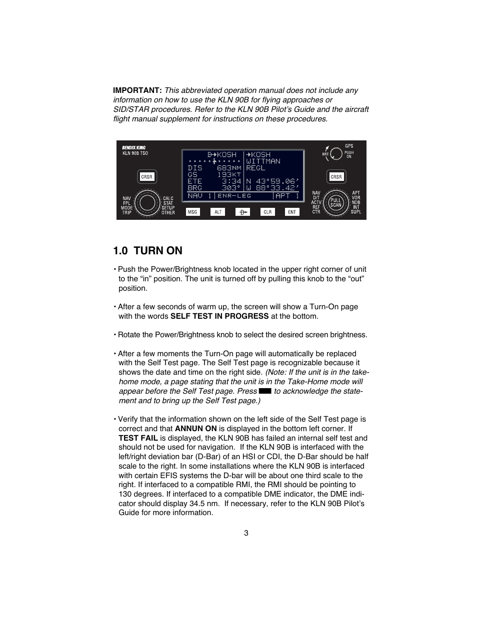 0 turn on | BendixKing KLN 90B User Manual | Page 7 / 57