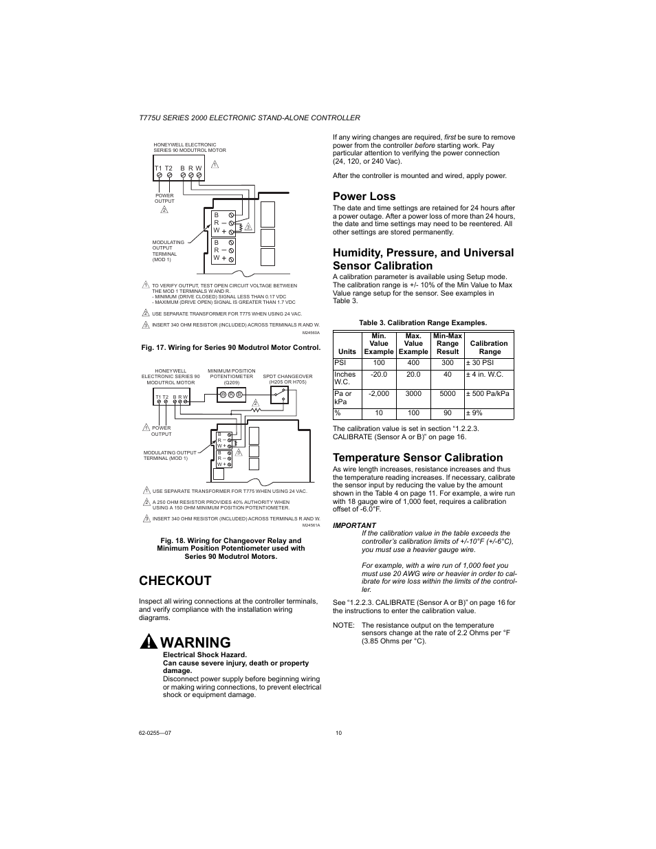 Warning, Checkout, Power loss | Temperature sensor calibration | Honeywell T775U User Manual | Page 10 / 40
