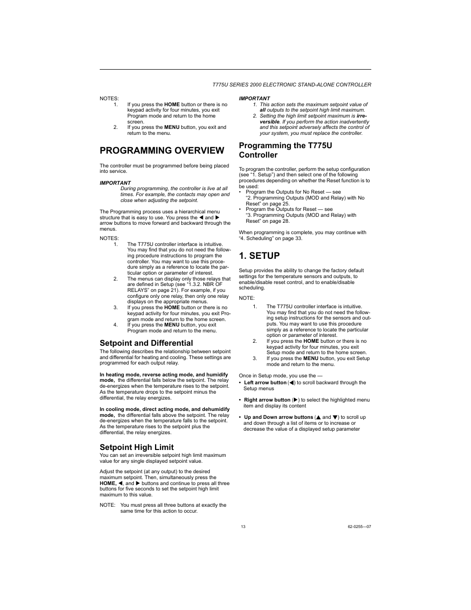 Programming overview, Setup, Setpoint and differential | Setpoint high limit, Programming the t775u controller | Honeywell T775U User Manual | Page 13 / 40