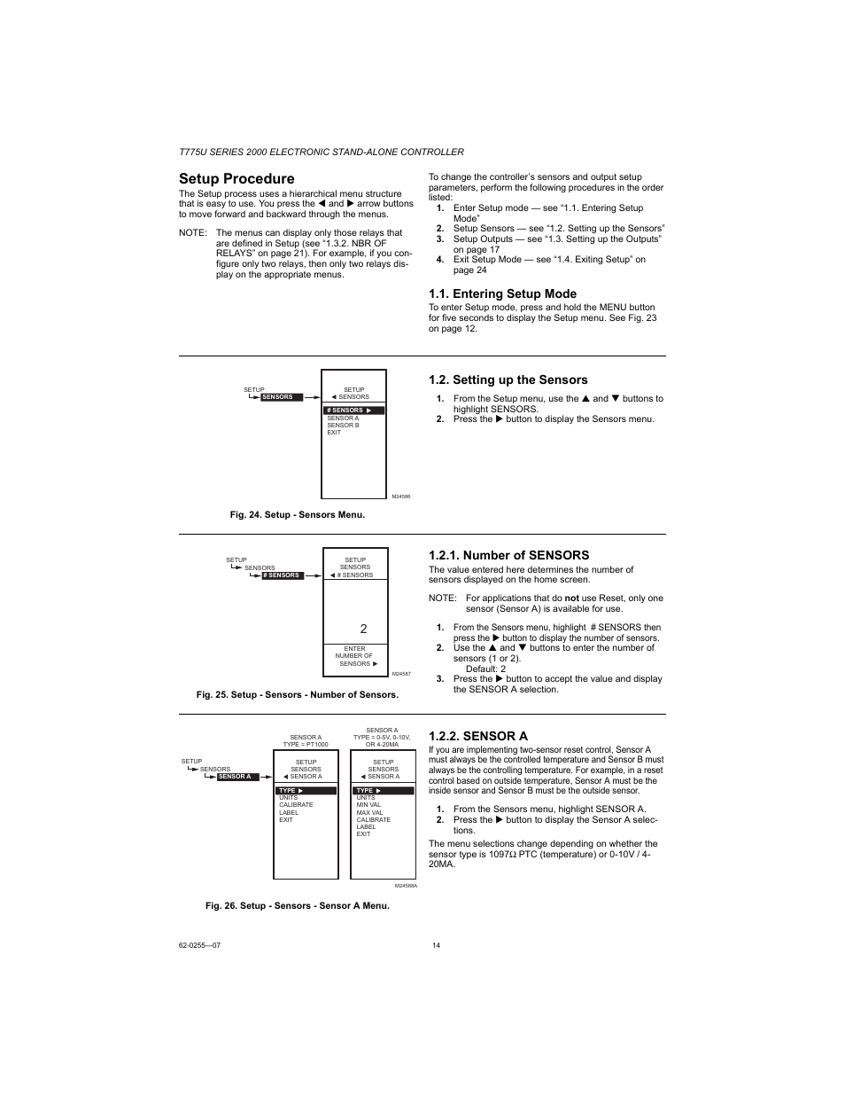 Setup procedure, Entering setup mode, Setting up the sensors | Number of sensors, Sensor a | Honeywell T775U User Manual | Page 14 / 40