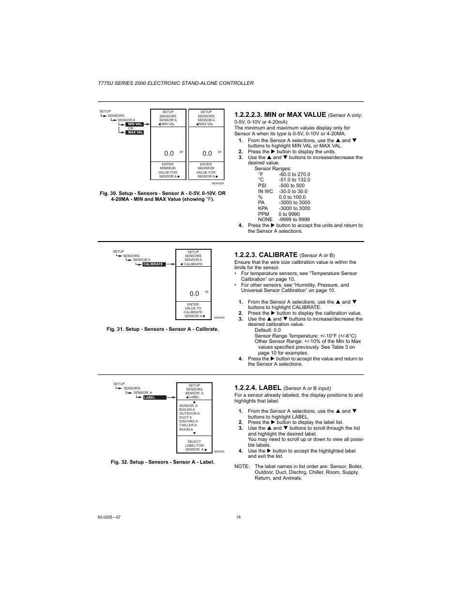 Min or max value, Calibrate, Label | Honeywell T775U User Manual | Page 16 / 40