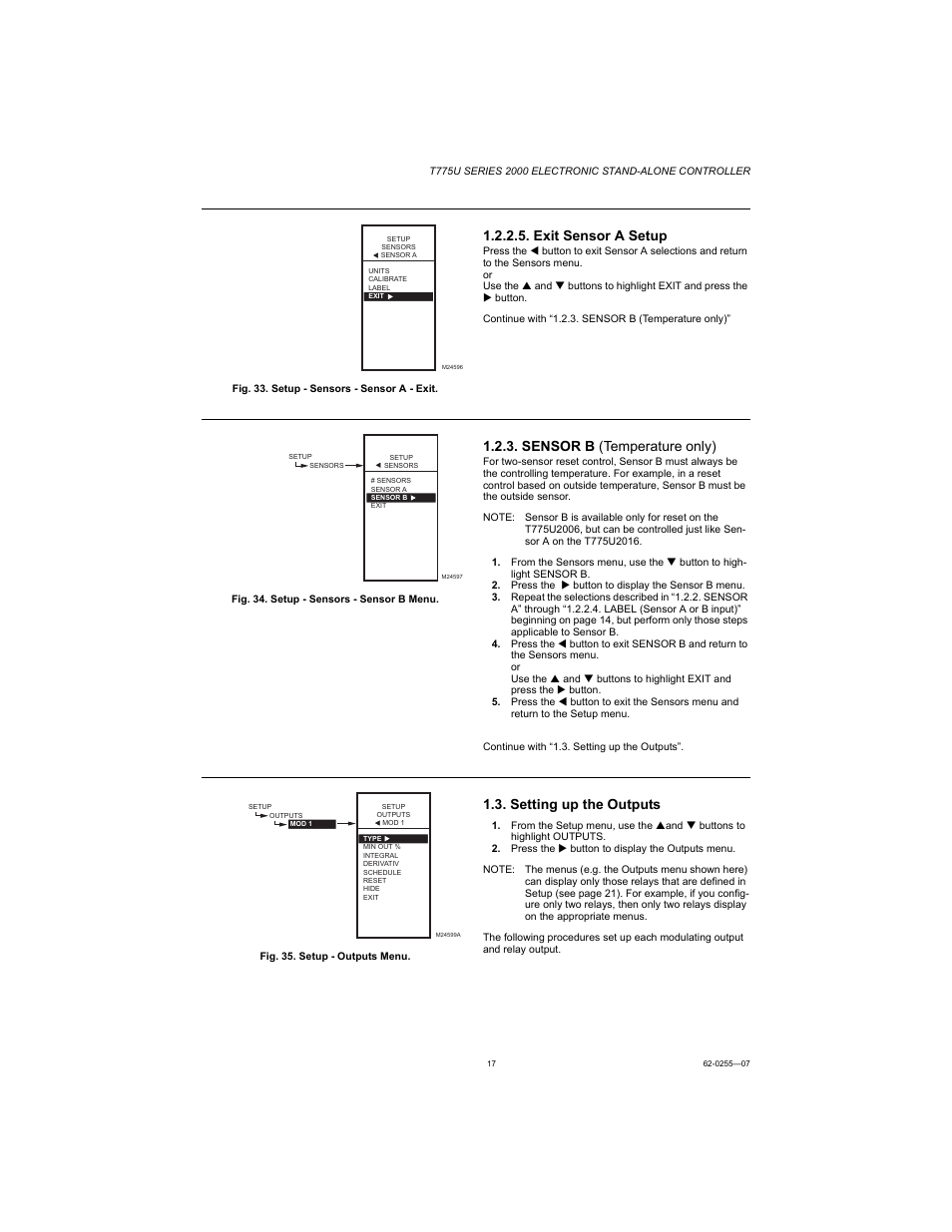 Exit sensor a setup, Sensor b (temperature only), Setting up the outputs | Honeywell T775U User Manual | Page 17 / 40