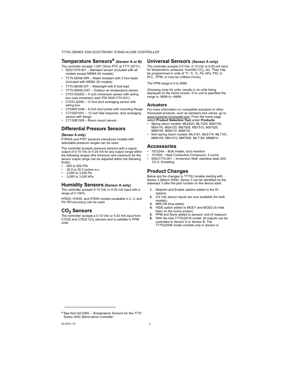 Temperature sensors, Differential pressure sensors, Humidity sensors | Sensors, Universal sensors, Accessories, Product changes | Honeywell T775U User Manual | Page 2 / 40