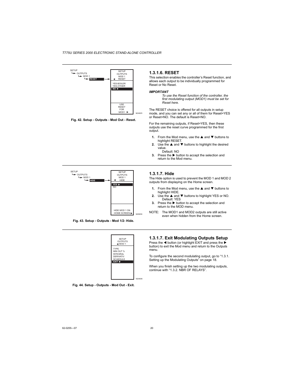 Reset, Hide, Exit modulating outputs setup | Honeywell T775U User Manual | Page 20 / 40