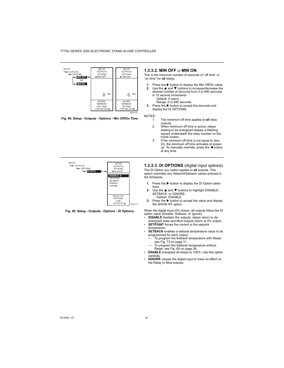 Min off, Min on, Di options (digital input options) | Honeywell T775U User Manual | Page 22 / 40