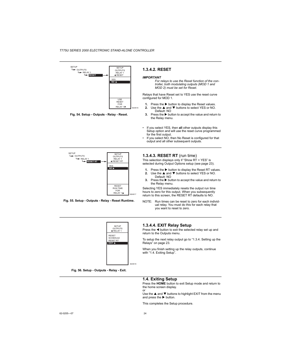Reset, Reset rt (run time), Exit relay setup | Exiting setup | Honeywell T775U User Manual | Page 24 / 40