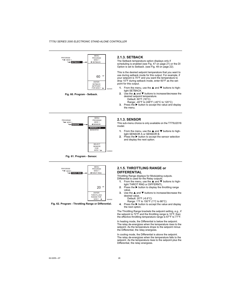 Setback, Sensor, Throttling range or differential | Honeywell T775U User Manual | Page 26 / 40