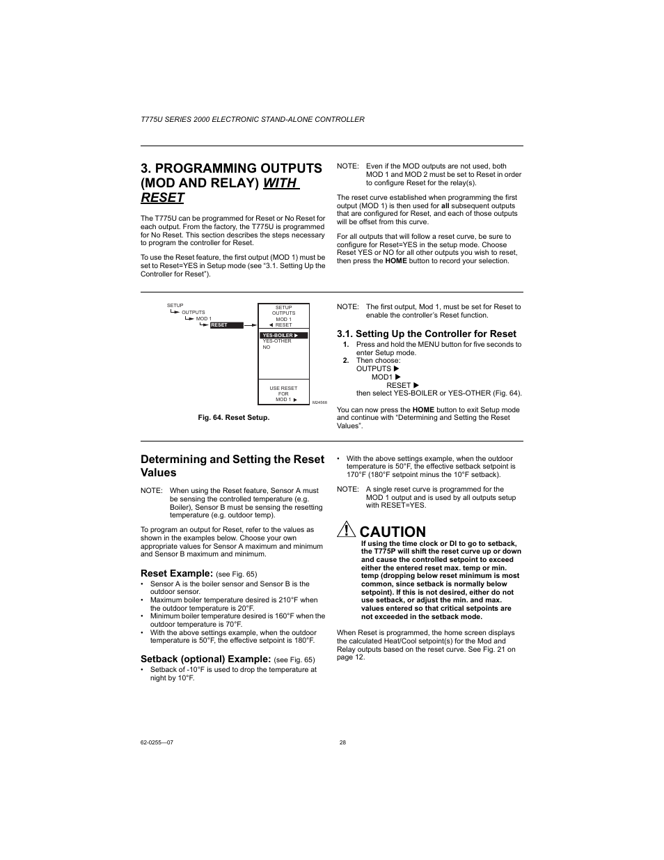 Caution, Programming outputs (mod and relay) with reset, Determining and setting the reset values | Setting up the controller for reset, Reset example, Setback (optional) example | Honeywell T775U User Manual | Page 28 / 40