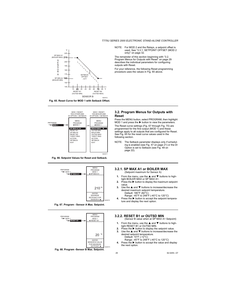 Program menus for outputs with reset, Sp max a1 or boiler max, Reset b1 or outsd min | Honeywell T775U User Manual | Page 29 / 40