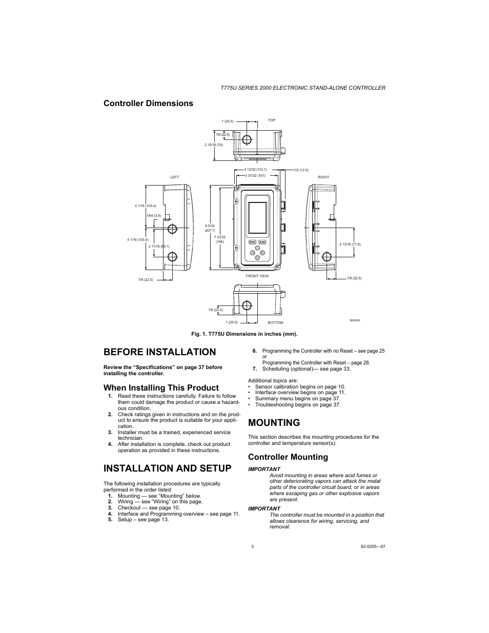 Before installation, Installation and setup, Mounting | Controller dimensions, When installing this product, Controller mounting | Honeywell T775U User Manual | Page 3 / 40