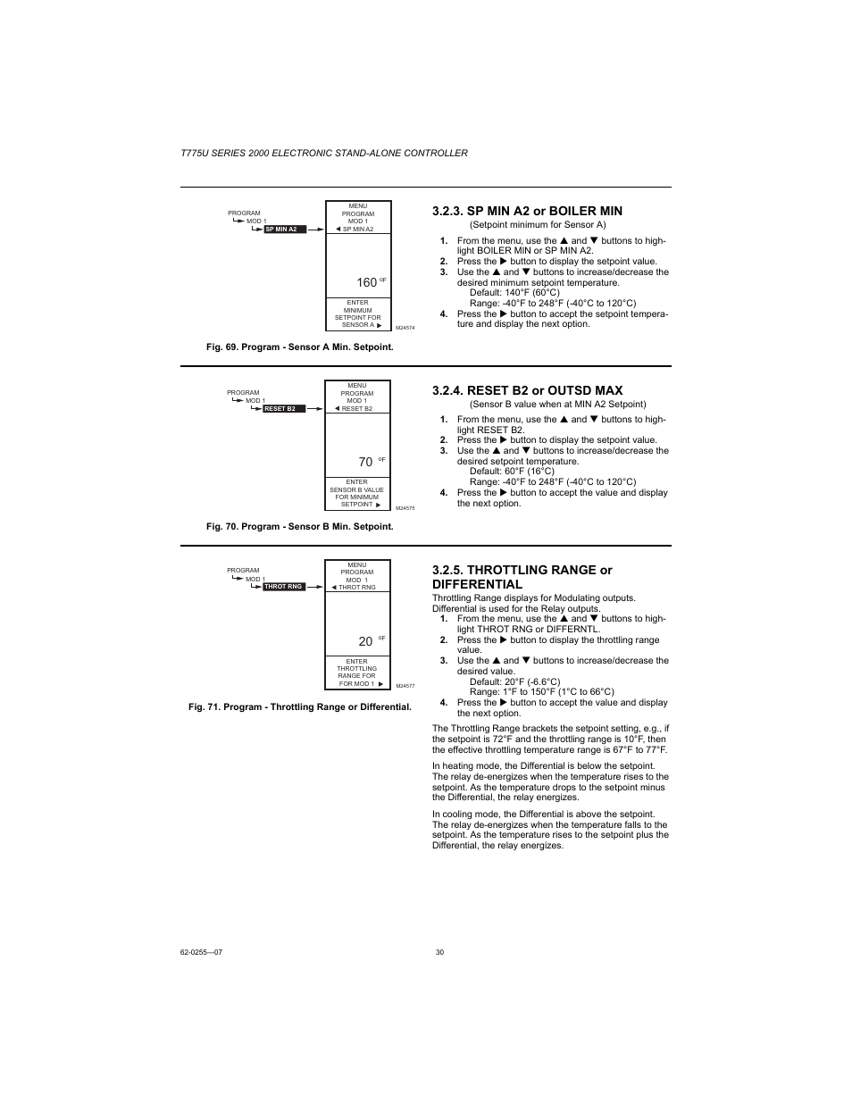 Sp min a2 or boiler min, Reset b2 or outsd max, Throttling range or differential | Honeywell T775U User Manual | Page 30 / 40