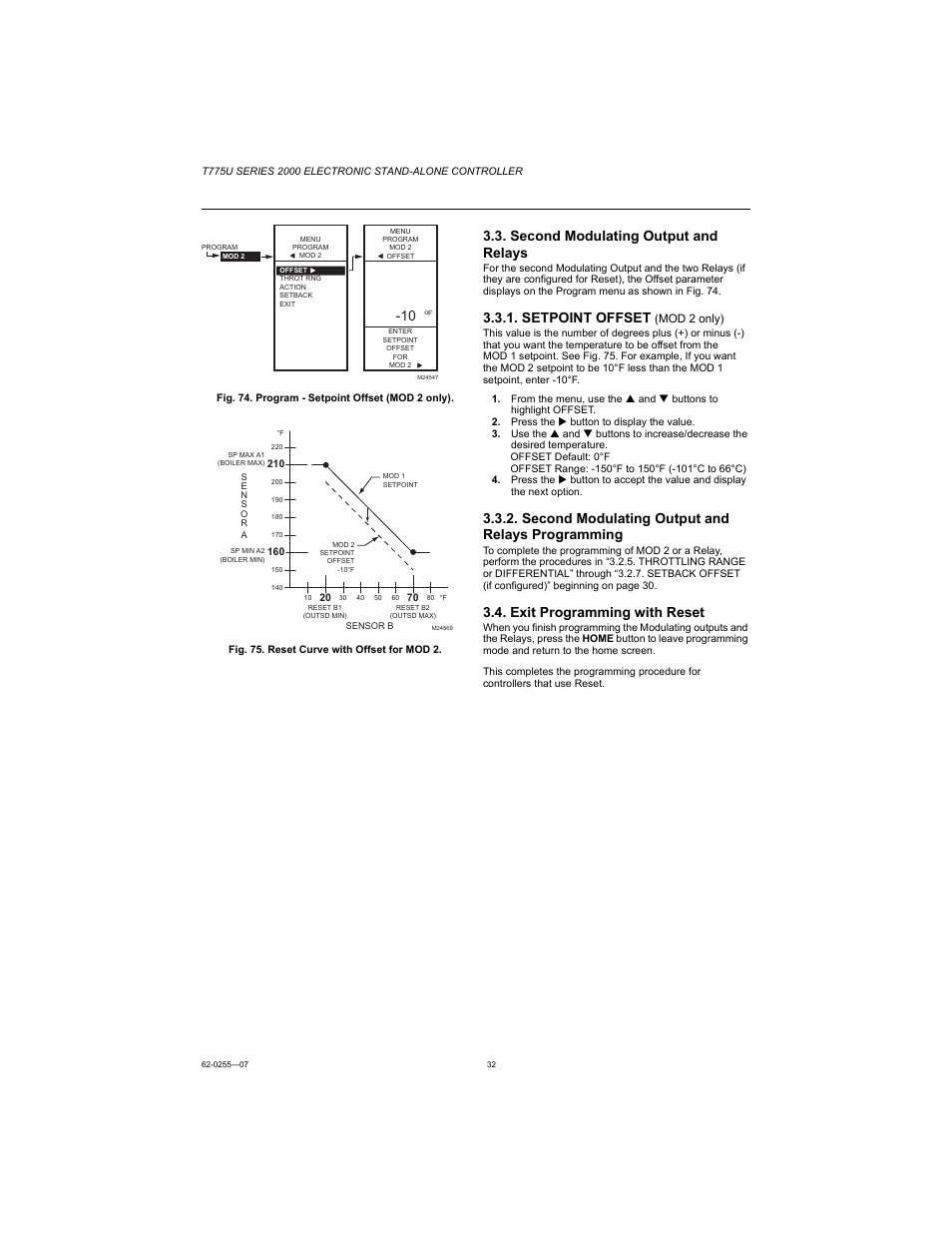 Second modulating output and relays, Setpoint offset, Second modulating output and relays programming | Exit programming with reset | Honeywell T775U User Manual | Page 32 / 40