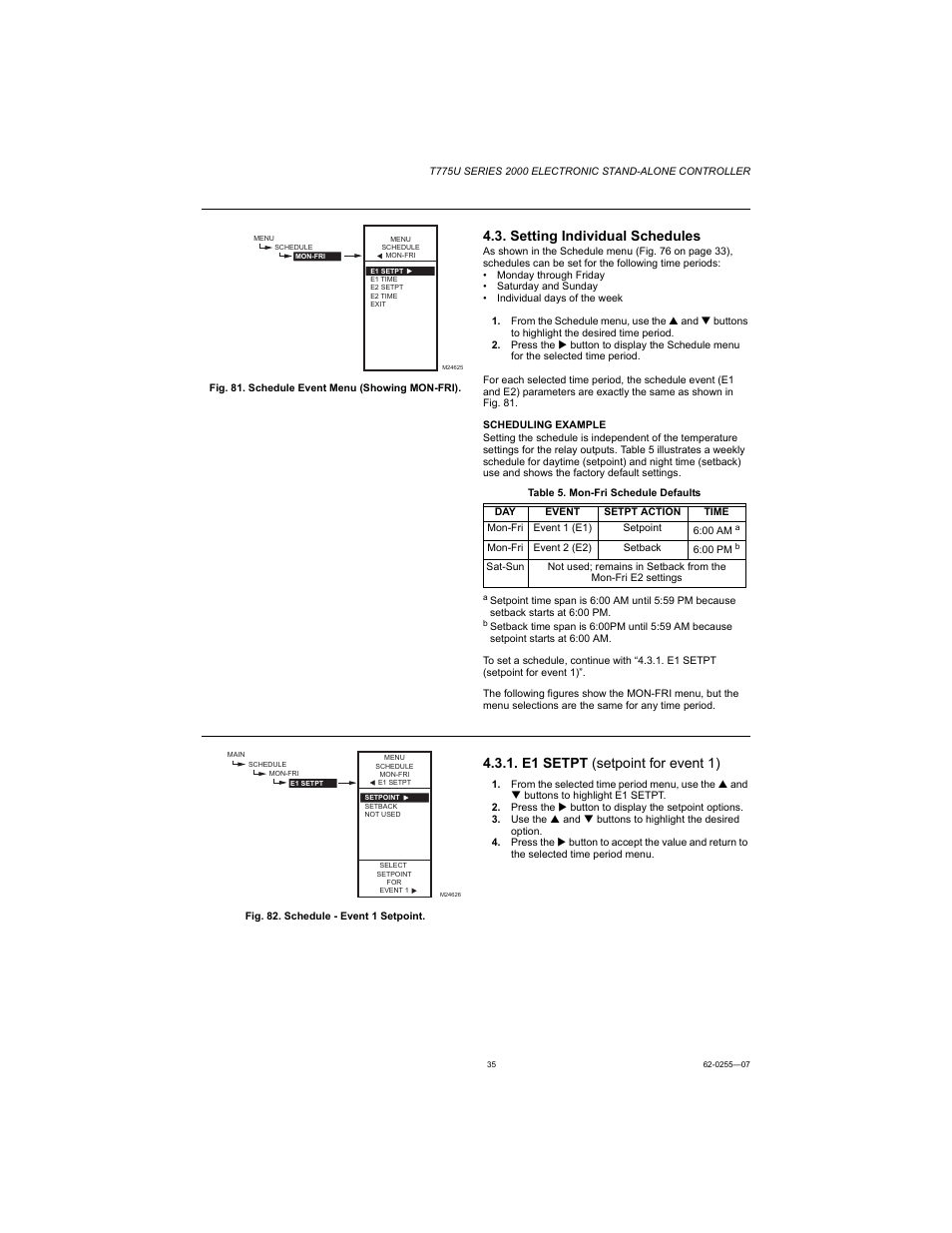 Setting individual schedules, E1 setpt (setpoint for event 1) | Honeywell T775U User Manual | Page 35 / 40