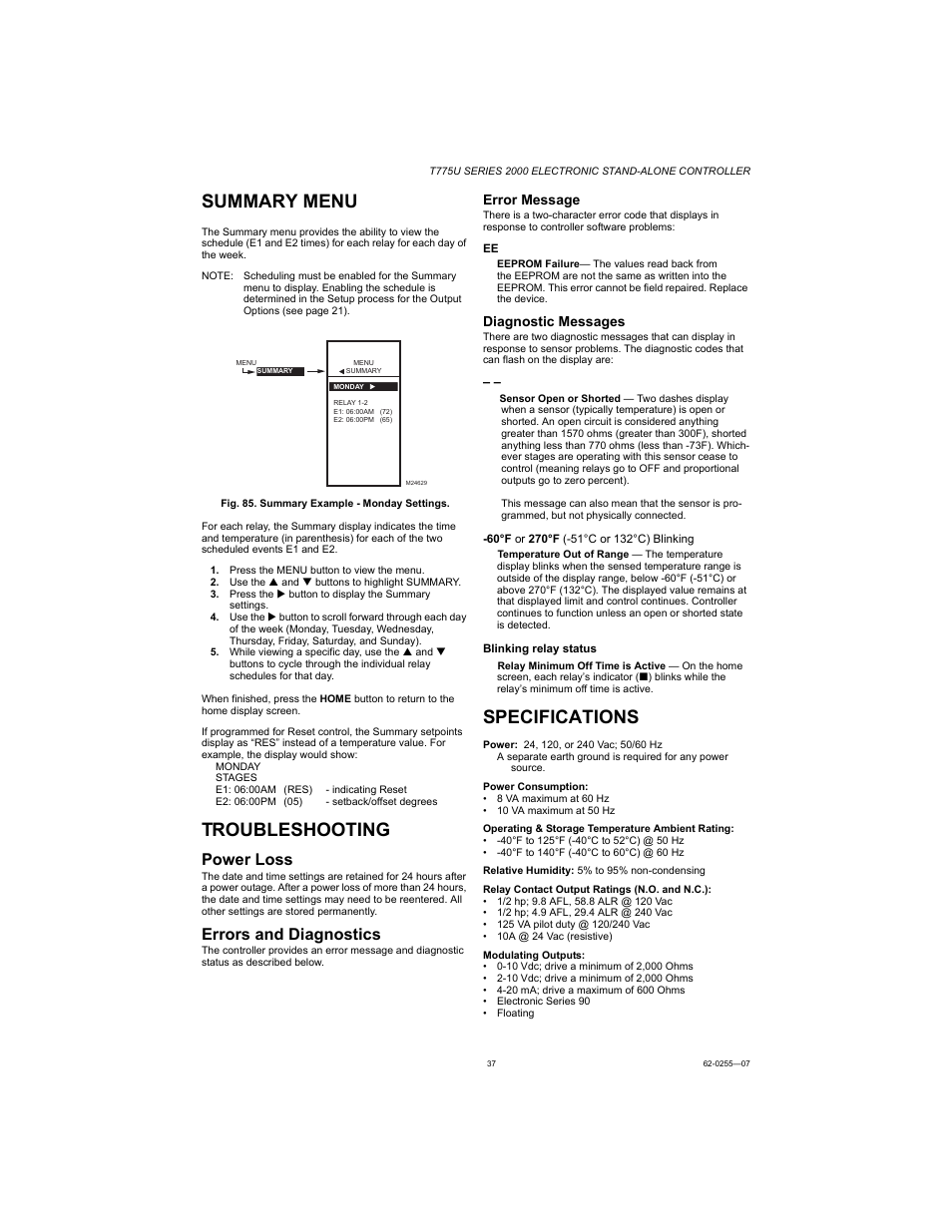 Summary menu, Troubleshooting, Specifications | Power loss, Errors and diagnostics, Error message, Diagnostic messages | Honeywell T775U User Manual | Page 37 / 40
