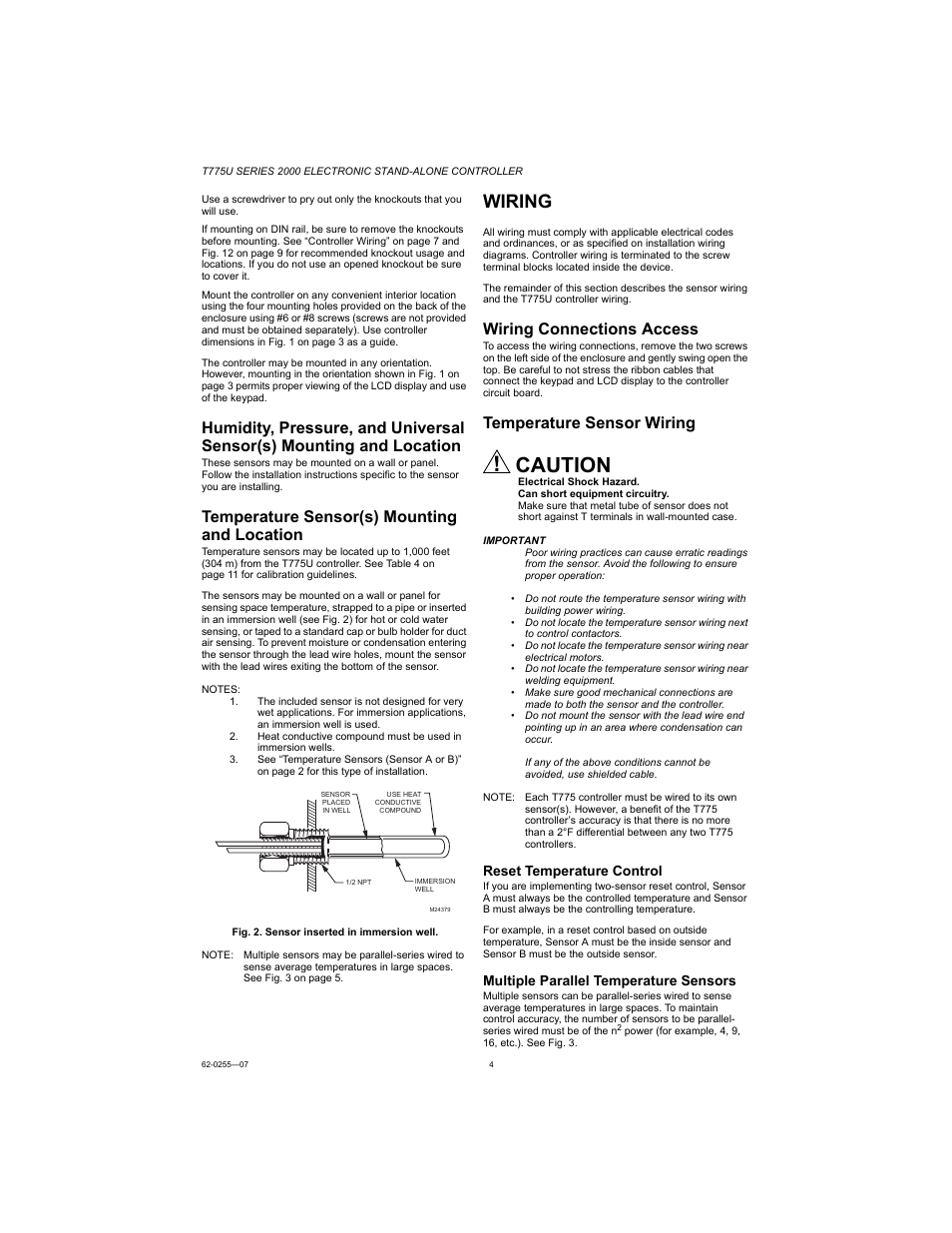 Caution, Wiring, Temperature sensor(s) mounting and location | Wiring connections access, Temperature sensor wiring, Reset temperature control, Multiple parallel temperature sensors | Honeywell T775U User Manual | Page 4 / 40