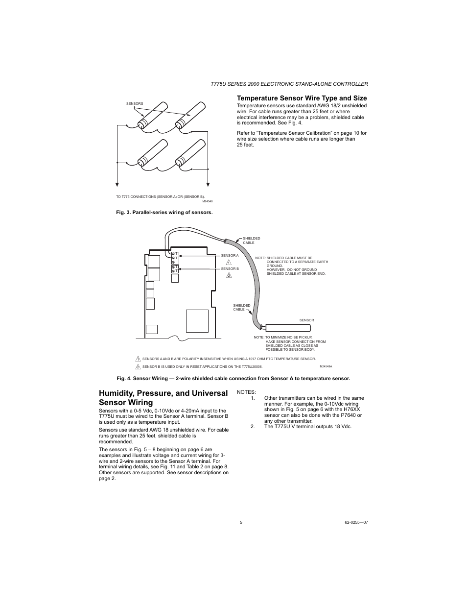 Humidity, pressure, and universal sensor wiring, Temperature sensor wire type and size | Honeywell T775U User Manual | Page 5 / 40