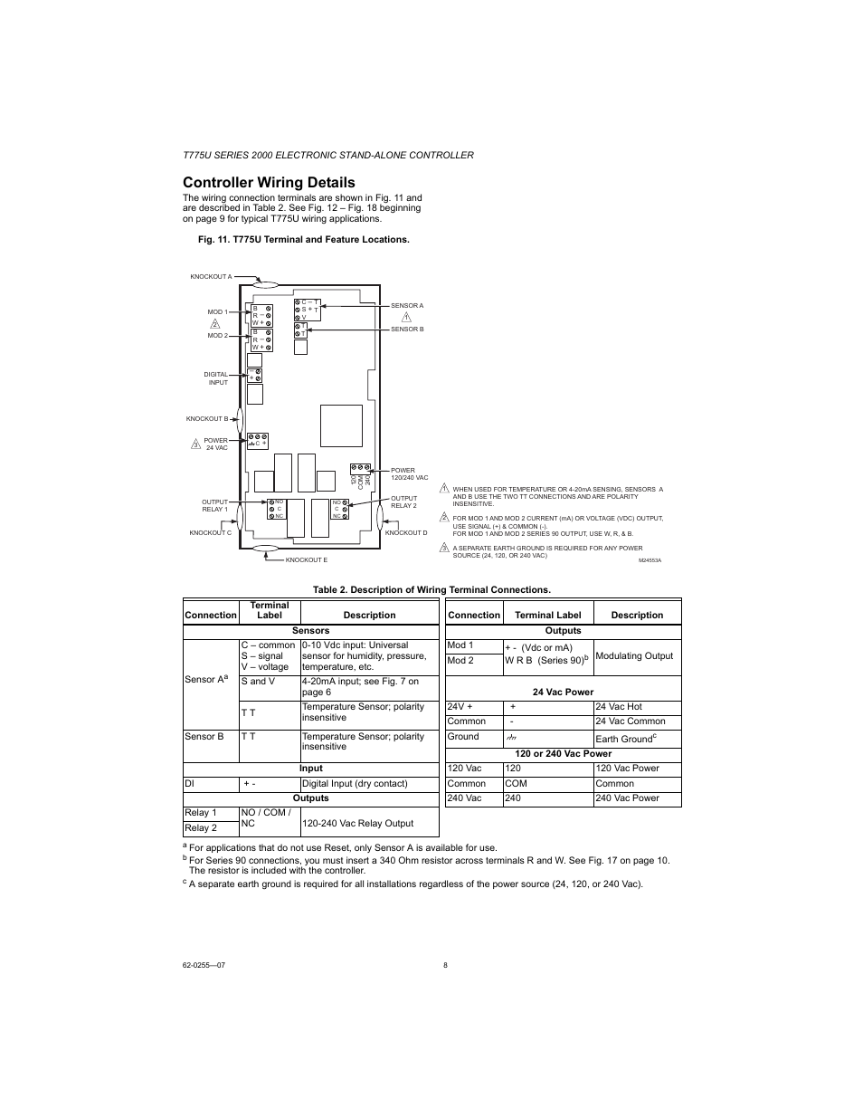 Controller wiring details | Honeywell T775U User Manual | Page 8 / 40