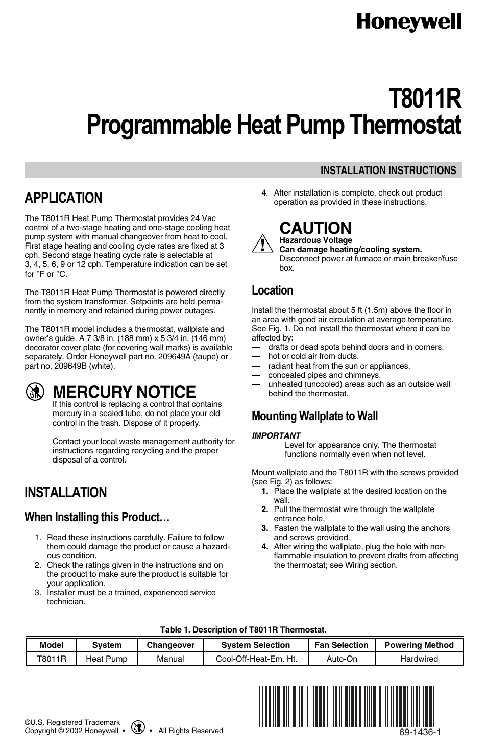 Honeywell Programmable Heat Pump T8011R User Manual | 6 pages