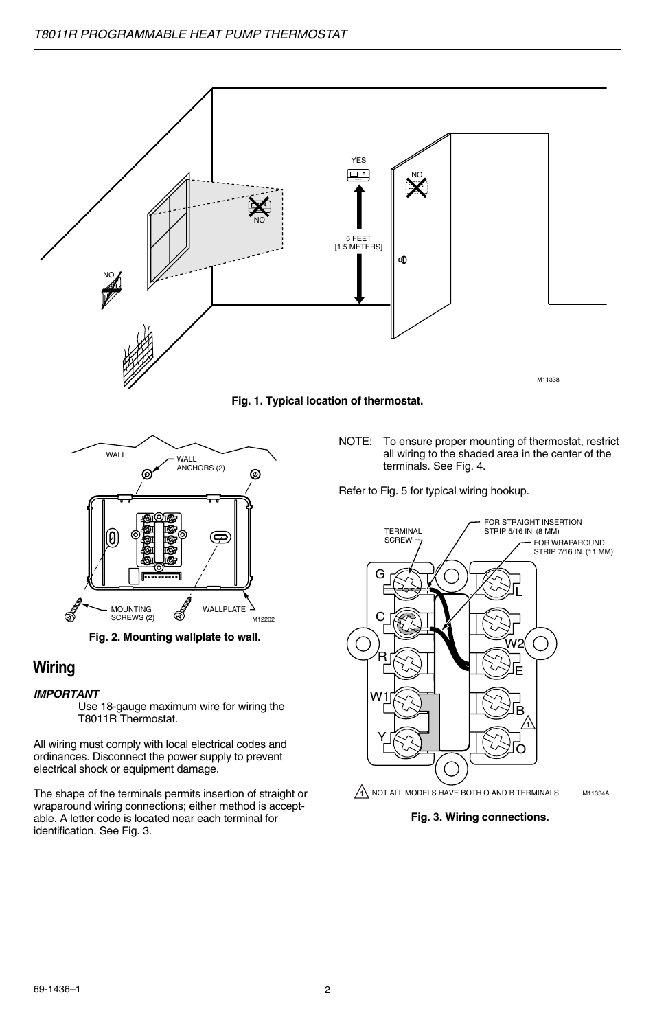 Wiring, T8011r programmable heat pump thermostat, Gc r y w1 l w2 e b o | Honeywell Programmable Heat Pump T8011R User Manual | Page 2 / 6