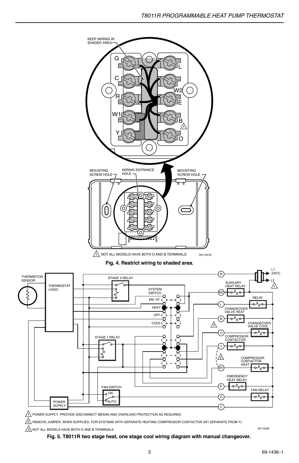 T8011r programmable heat pump thermostat, Gc r y w1 l w2 e b o | Honeywell Programmable Heat Pump T8011R User Manual | Page 3 / 6
