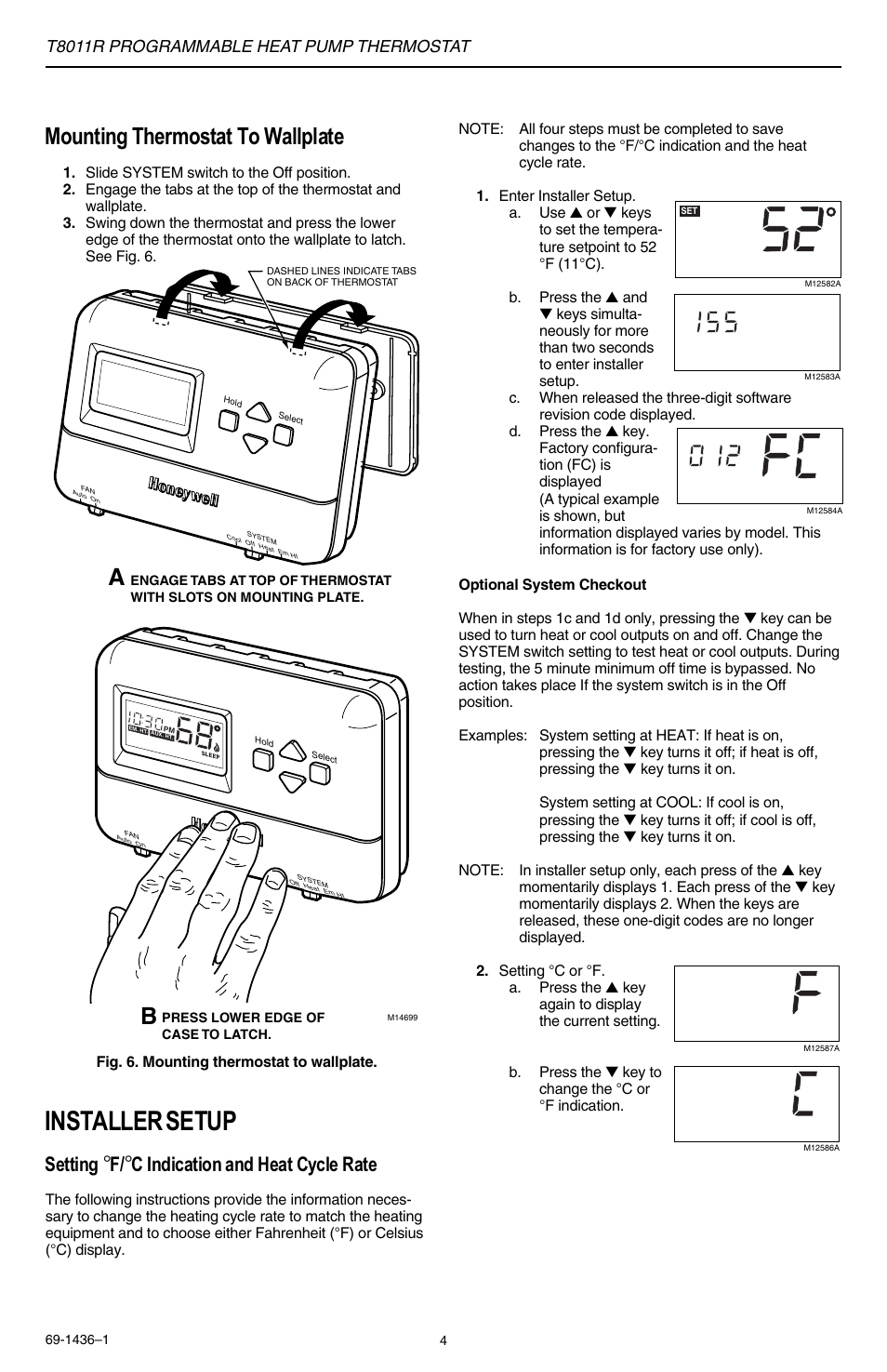 Installer setup, Mounting thermostat to wallplate, Setting | C indication and heat cycle rate | Honeywell Programmable Heat Pump T8011R User Manual | Page 4 / 6