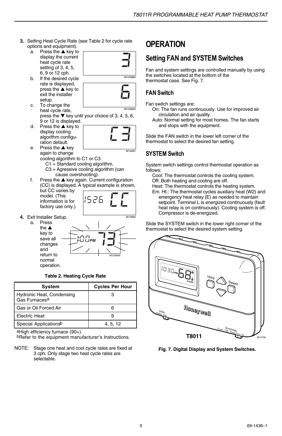 Operation, Setting fan and system switches, Fan switch | System switch, T8011 | Honeywell Programmable Heat Pump T8011R User Manual | Page 5 / 6