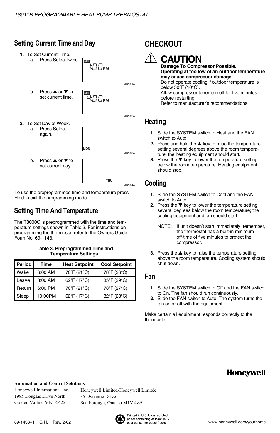 Caution, Checkout, Setting current time and day | Setting time and temperature, Heating, Cooling | Honeywell Programmable Heat Pump T8011R User Manual | Page 6 / 6