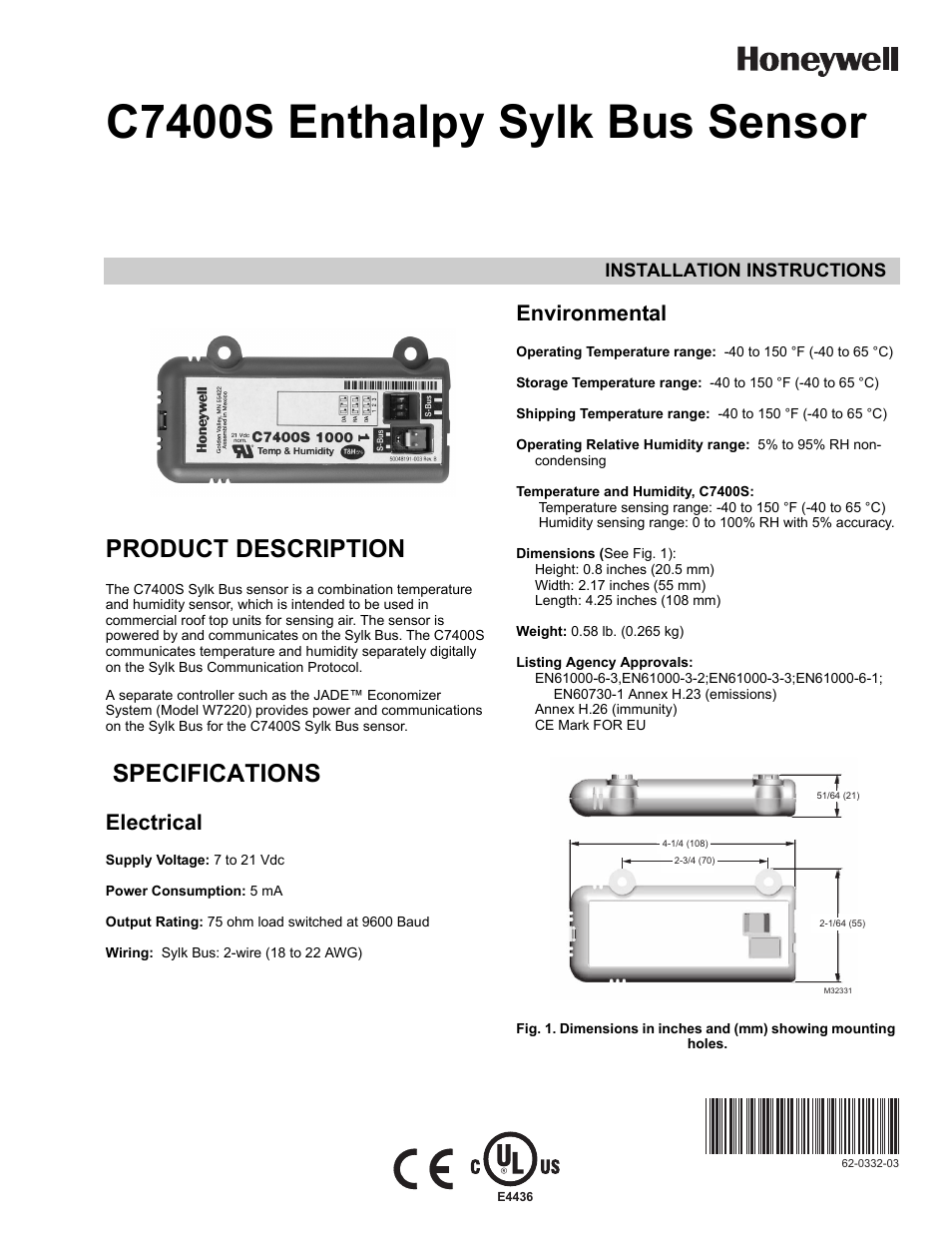 Honeywell ENTHALPY SYLK BUS SENSOR C7400S User Manual | 4 pages