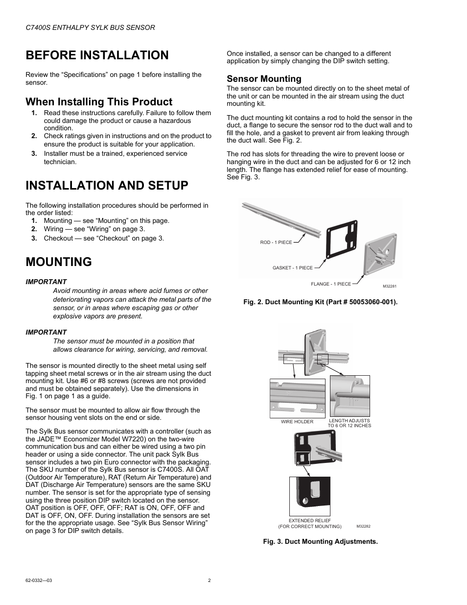 Before installation, When installing this product, Installation and setup | Mounting, Sensor mounting | Honeywell ENTHALPY SYLK BUS SENSOR C7400S User Manual | Page 2 / 4