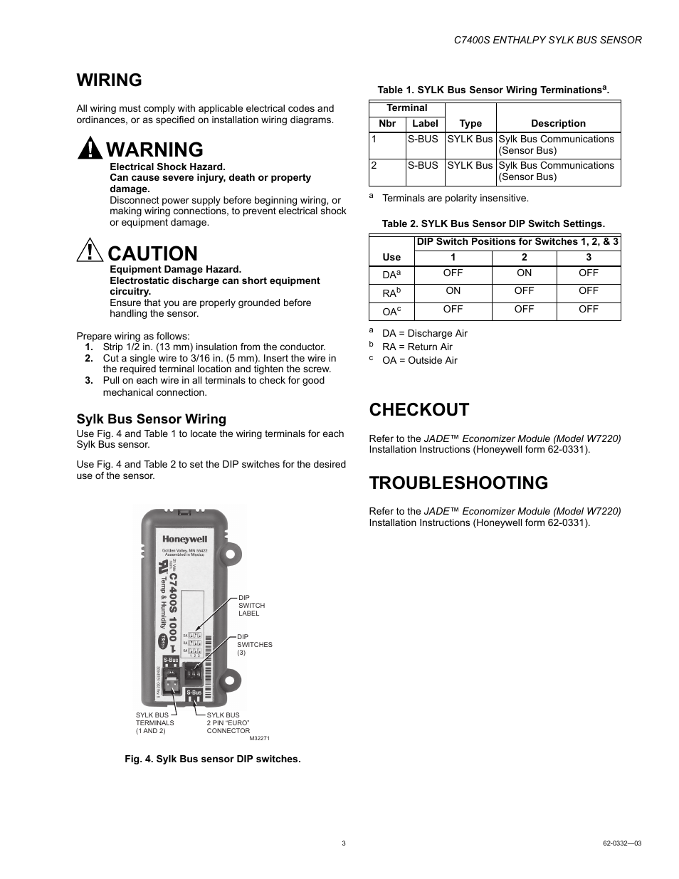 Wiring, Checkout, Troubleshooting | Warning, Caution, Sylk bus sensor wiring | Honeywell ENTHALPY SYLK BUS SENSOR C7400S User Manual | Page 3 / 4