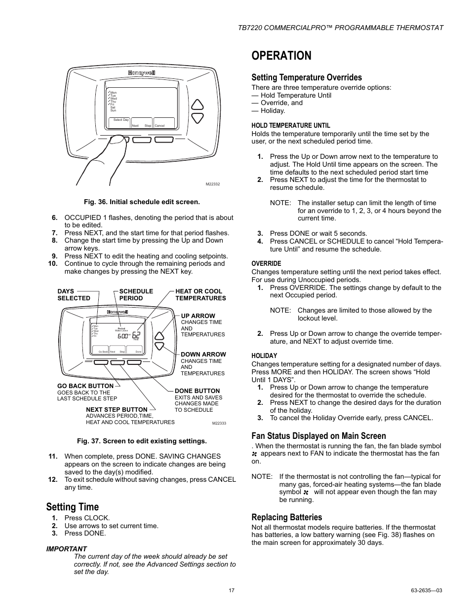 Setting time, Operation, Setting temperature overrides | Fan status displayed on main screen, Replacing batteries | Honeywell COMMERCIALPRO TB7220 User Manual | Page 17 / 24