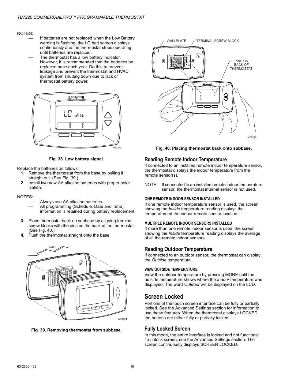 Screen locked, Reading remote indoor temperature, Reading outdoor temperature | Fully locked screen | Honeywell COMMERCIALPRO TB7220 User Manual | Page 18 / 24