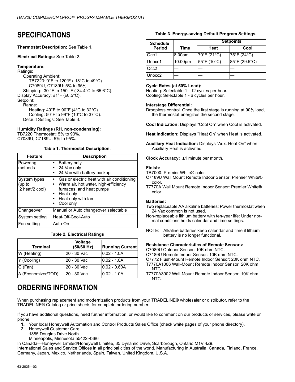 Specifications, Ordering information | Honeywell COMMERCIALPRO TB7220 User Manual | Page 2 / 24