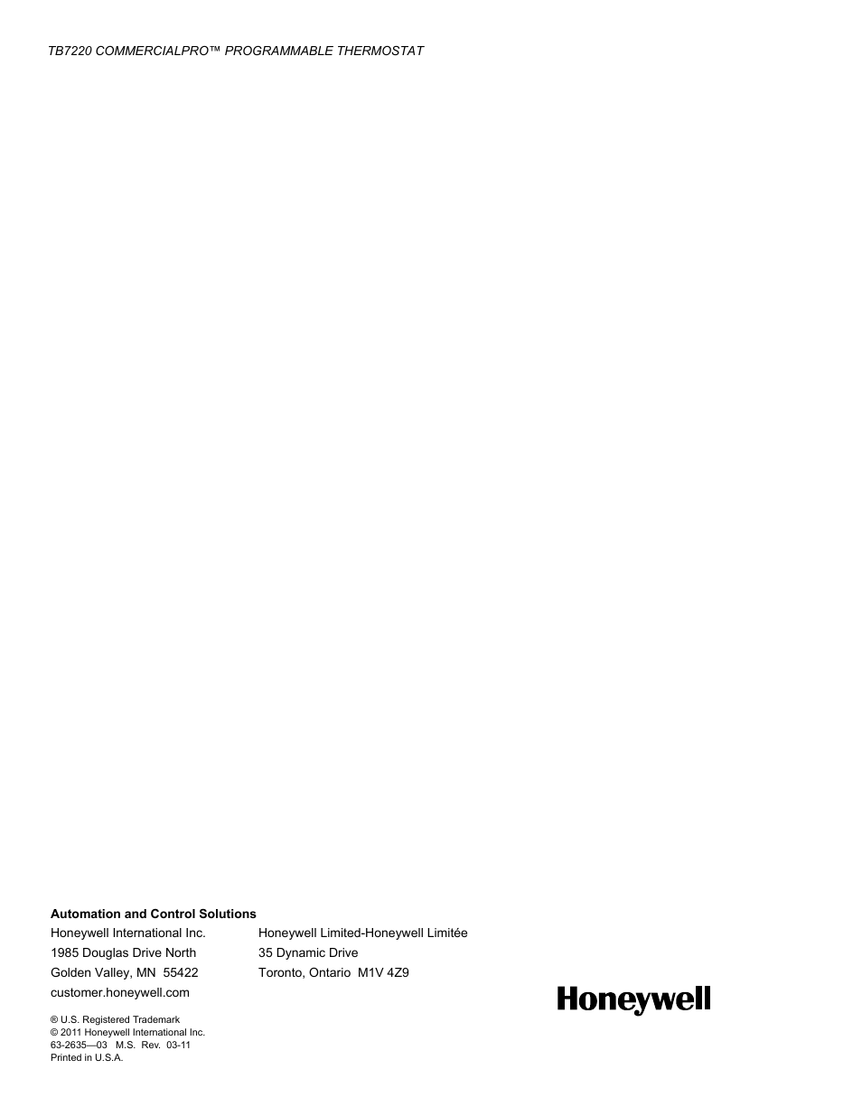 Honeywell COMMERCIALPRO TB7220 User Manual | Page 24 / 24