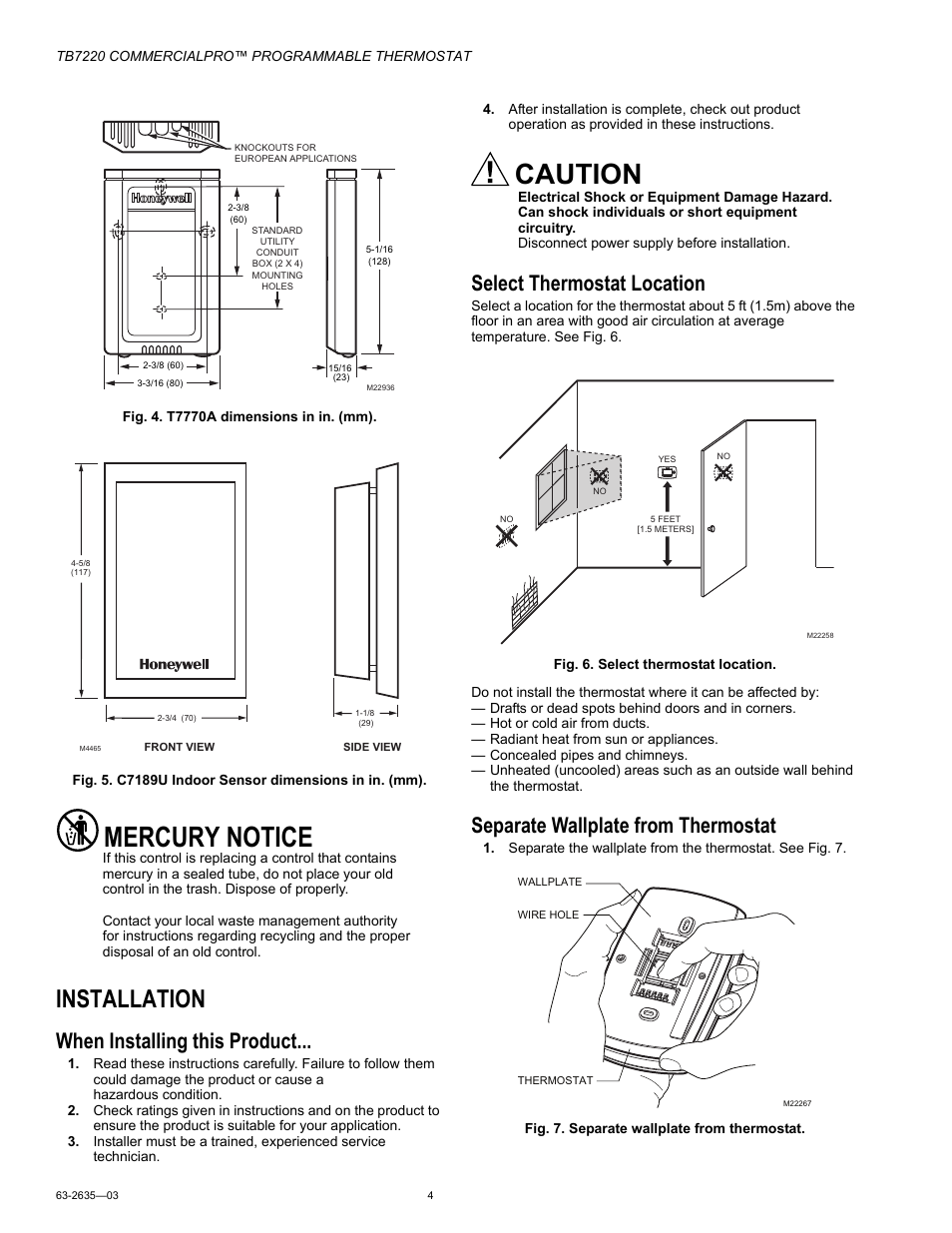 Installation, When installing this product, Select thermostat location | Separate wallplate from thermostat, Mercury notice, Caution | Honeywell COMMERCIALPRO TB7220 User Manual | Page 4 / 24