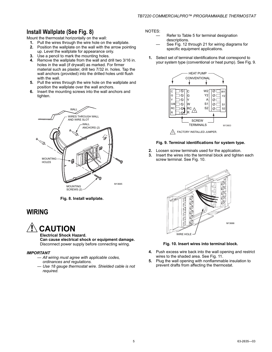 Install wallplate (see fig. 8), Wiring, Caution | Install wa llplate (see fig. 8) | Honeywell COMMERCIALPRO TB7220 User Manual | Page 5 / 24