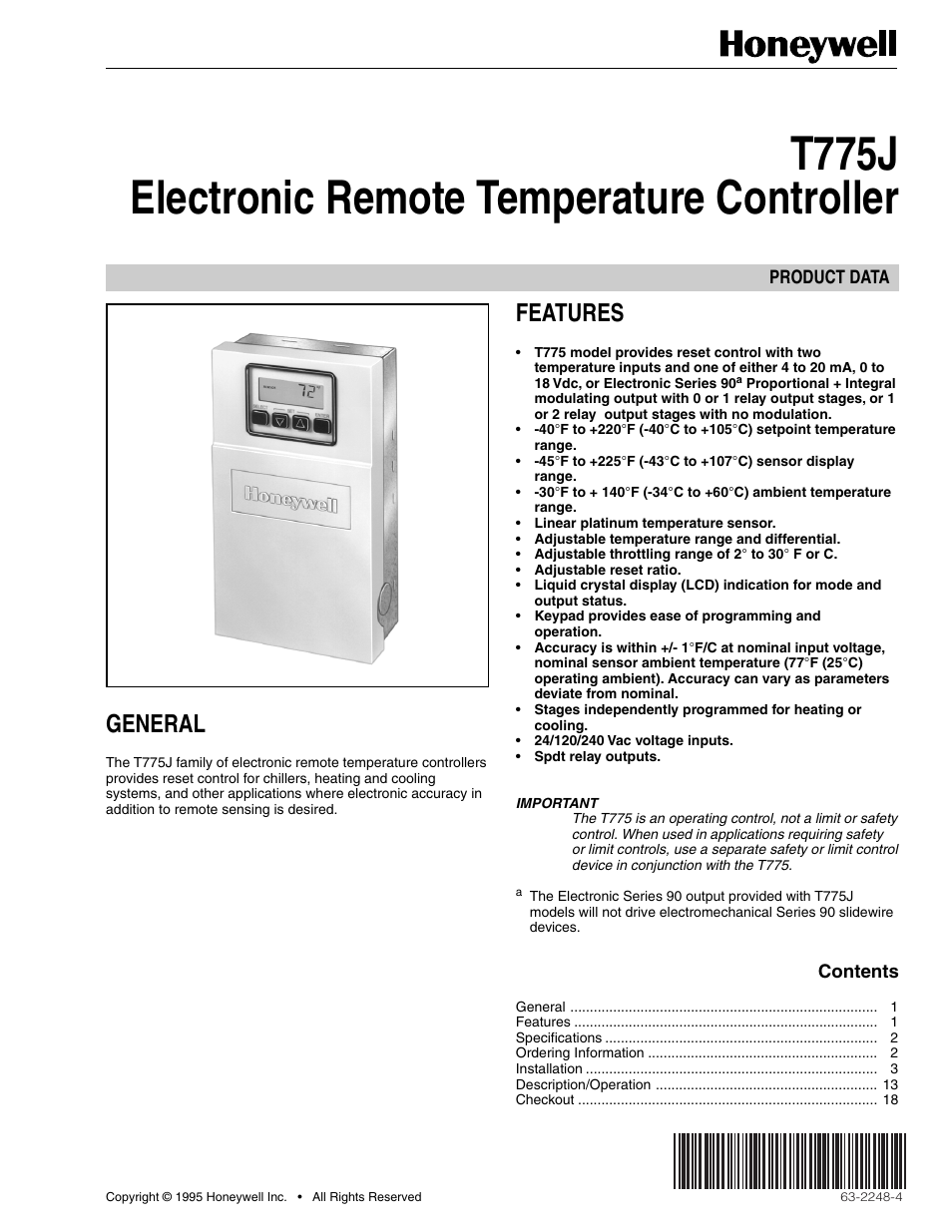 Honeywell Electronic Remote Temperature Controller T775J User Manual | 20 pages