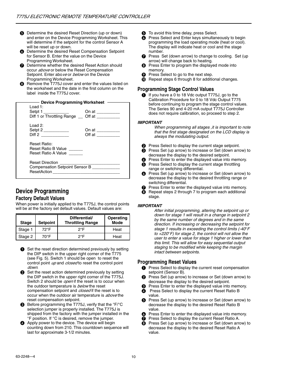 Device programming, Factory default values, Programming stage control values | Programming reset values | Honeywell Electronic Remote Temperature Controller T775J User Manual | Page 10 / 20